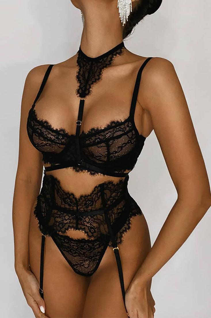 Black Eyelash Lace Bra Thong Choker Garter Corset Belted 6Pc Sexy Lingerie Set