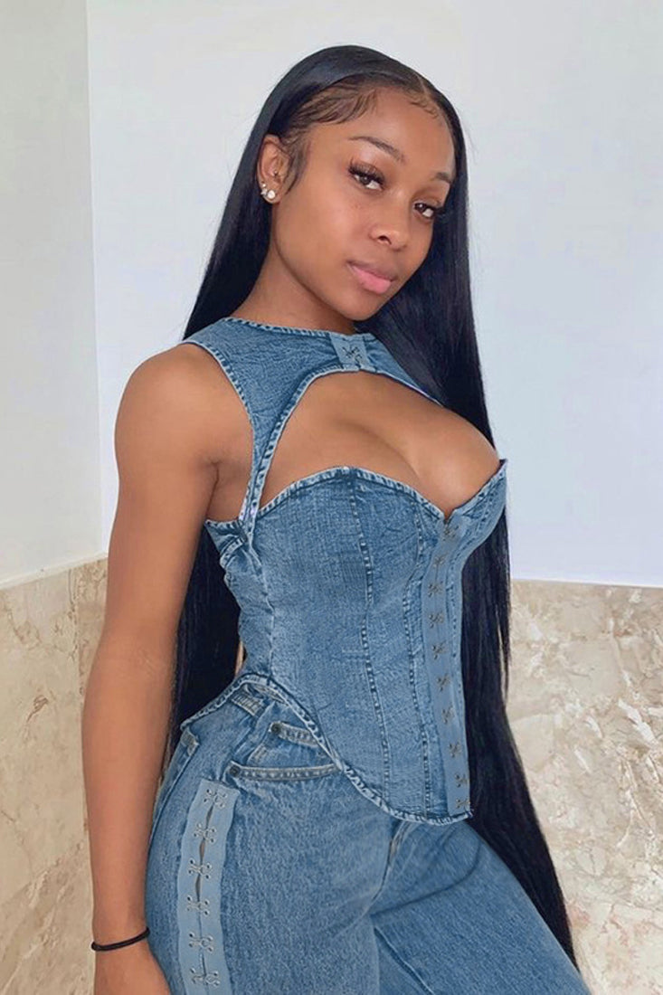 Blue Denim Hook Closure Cut-Out Sexy Fitted Corset Top