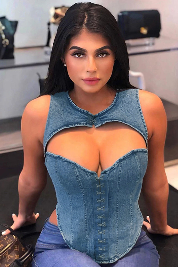 Blue Denim Hook Closure Cut-Out Sexy Fitted Corset Top