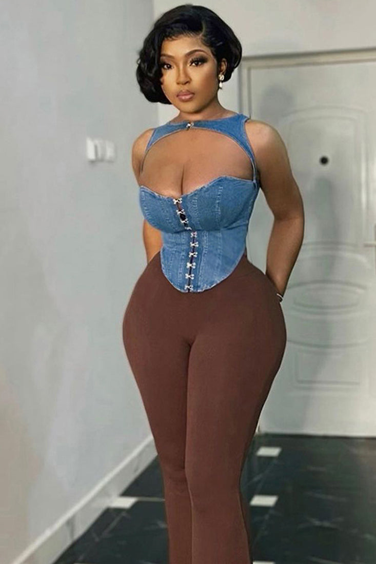 Blue Denim Hook Closure Cut-Out Sexy Fitted Corset Top