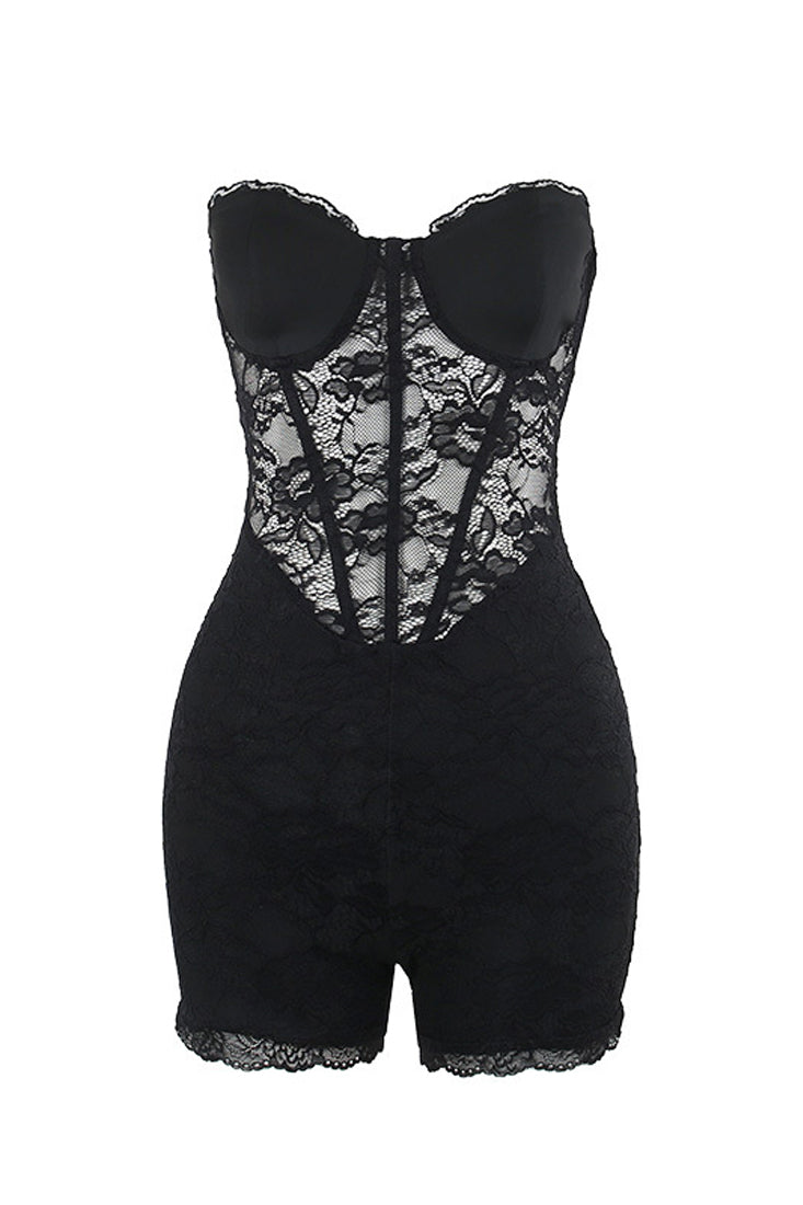 Black Lace Strapless Pushup Boned Corset Sexy Romper Outfit