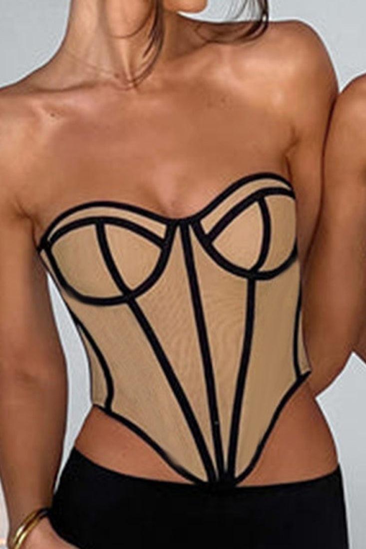 Nude Black Trim Boned Corset Stretchy Back Sexy Strapless Top