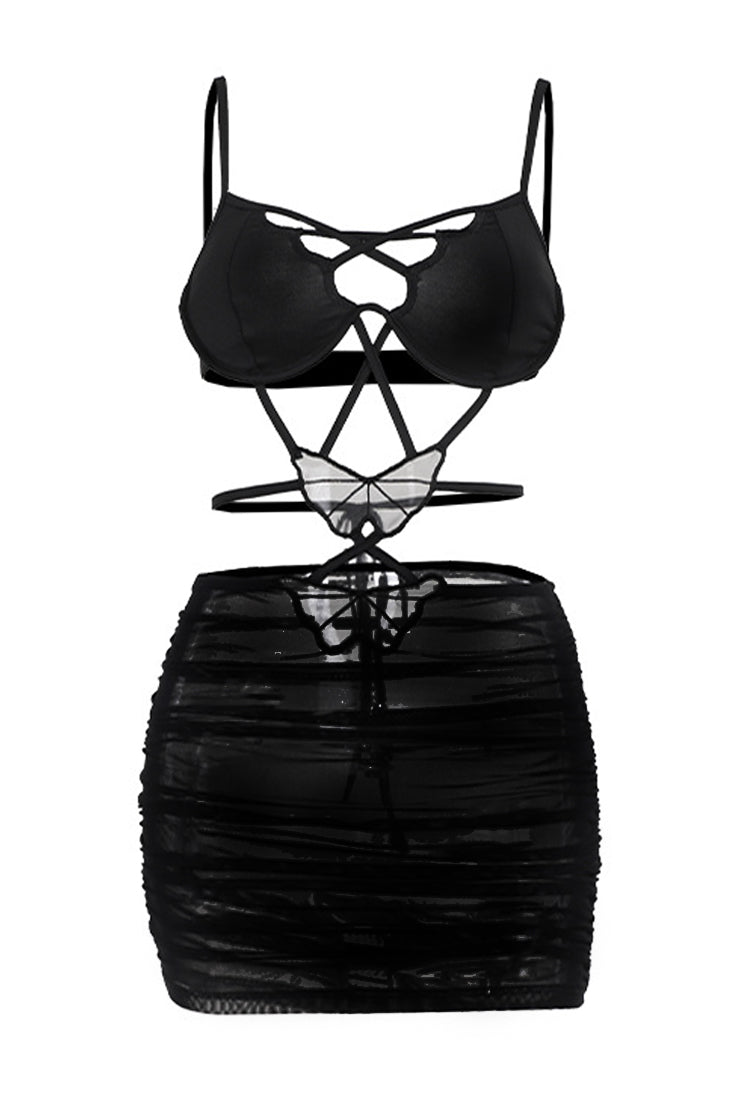 Black Under Wired Butterfly Strappy Ruched Sexy Mini Dress