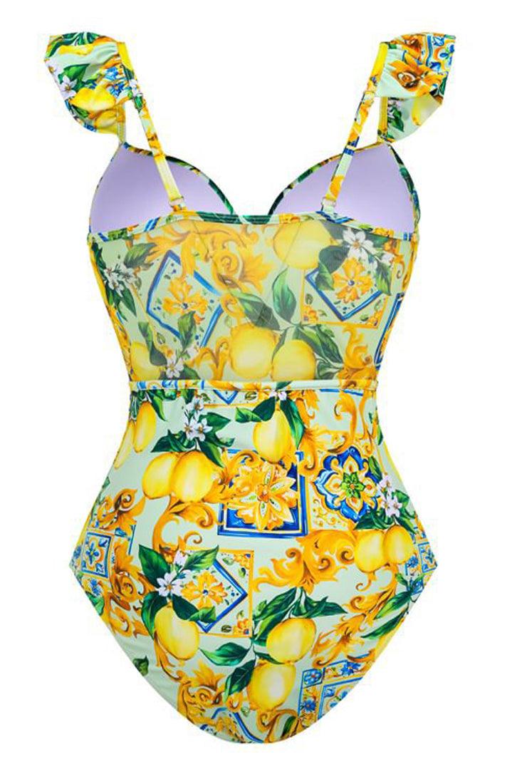 Yellow Italian Lemon Print Ruffle Strap Mesh Monokini 1Pc Swimsuit