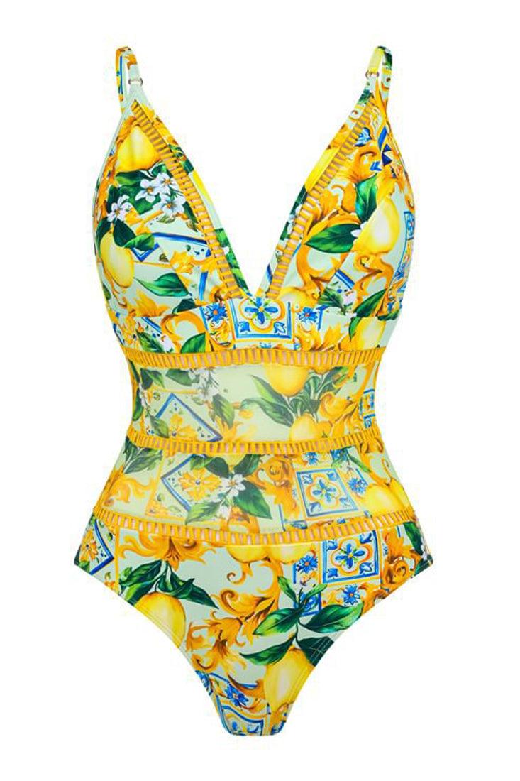 Yellow Italian Lemon Print Spaghetti Strap Mesh Monokini 1Pc Swimsuit