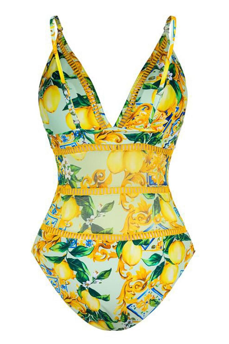 Yellow Italian Lemon Print Spaghetti Strap Mesh Monokini 1Pc Swimsuit