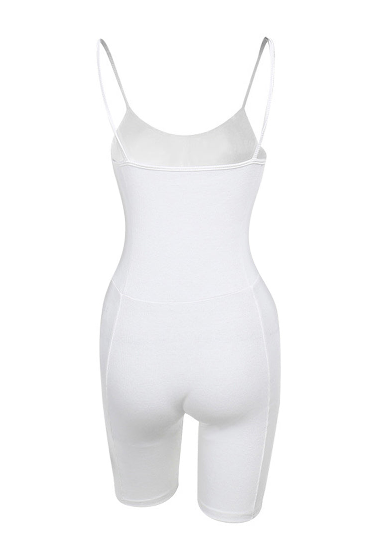 White Ribbed Boned Sleeveless Biker Shorts Sexy Fitted Romper