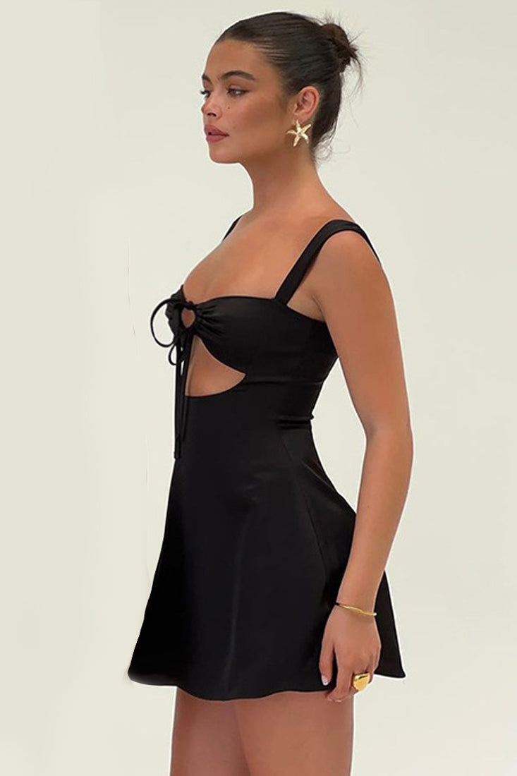 Black Satin Sleeveless Cut-Out Tie Fit & Flare Sexy Dress