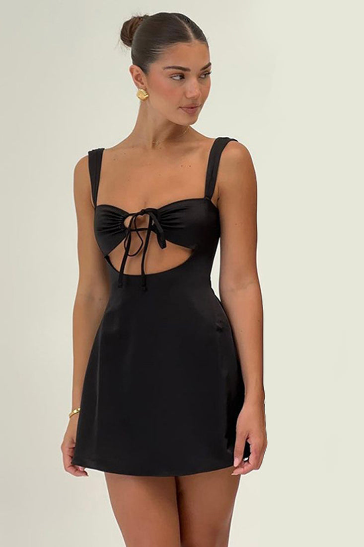 Black Satin Sleeveless Cut-Out Tie Fit & Flare Sexy Dress