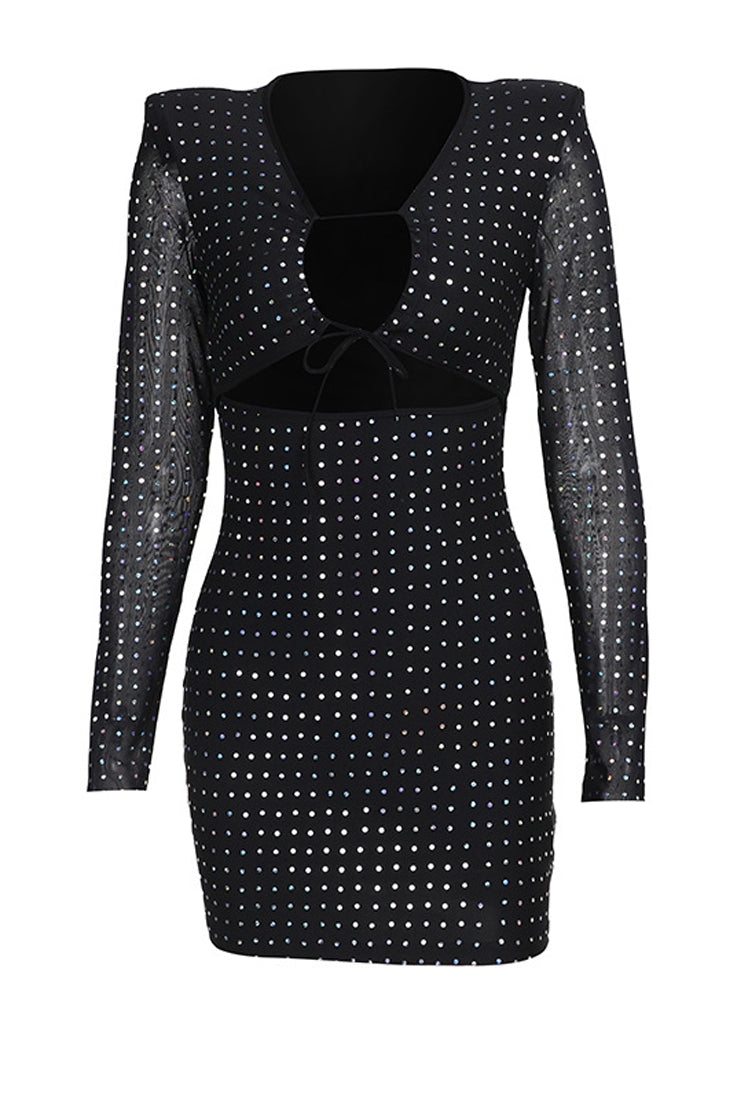 Black Sparkly All Over Shoulder Pad Long Sleeve Cut-Out Sexy Dress