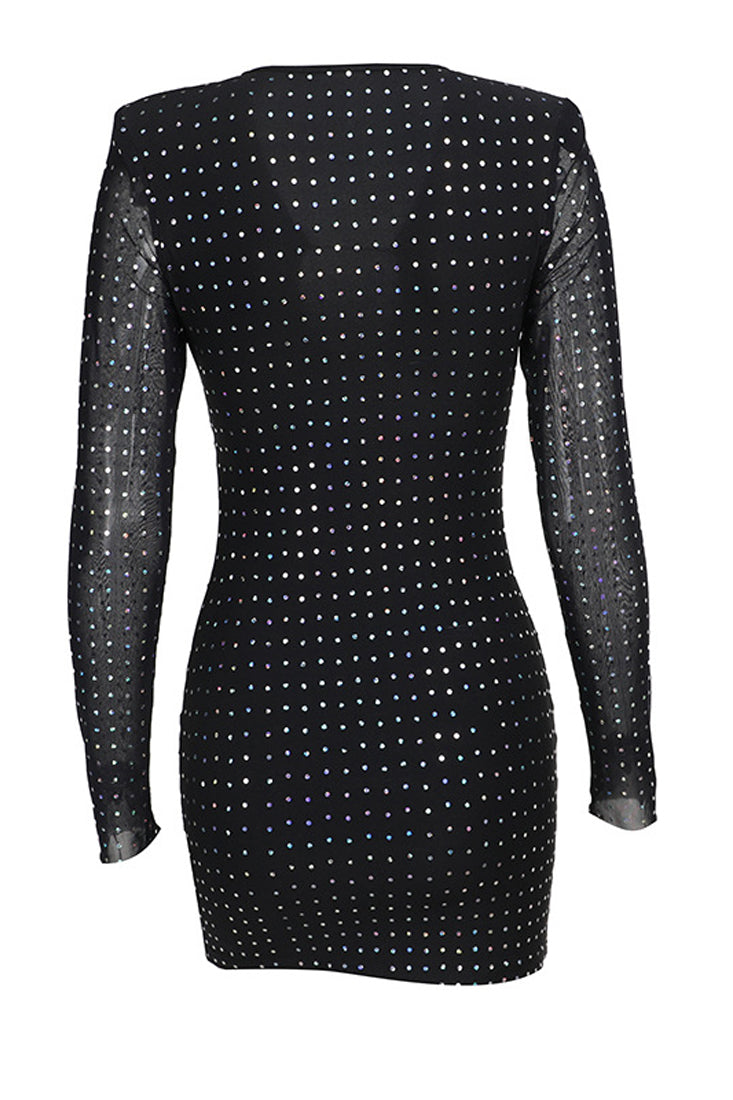 Black Sparkly All Over Shoulder Pad Long Sleeve Cut-Out Sexy Dress