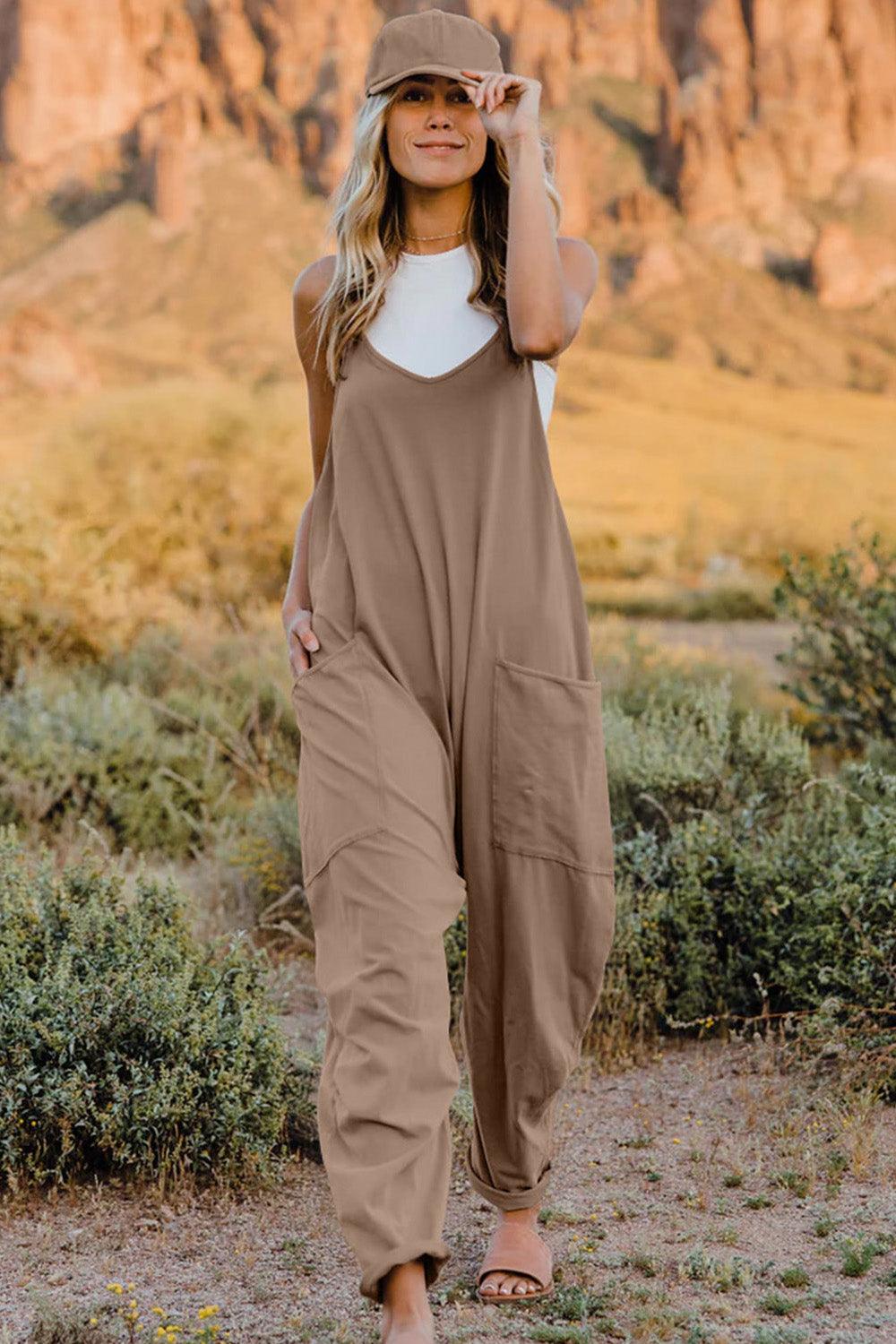 Double Take Full Size V-Neck Sleeveless Jumpsuit with Pockets - Babewear