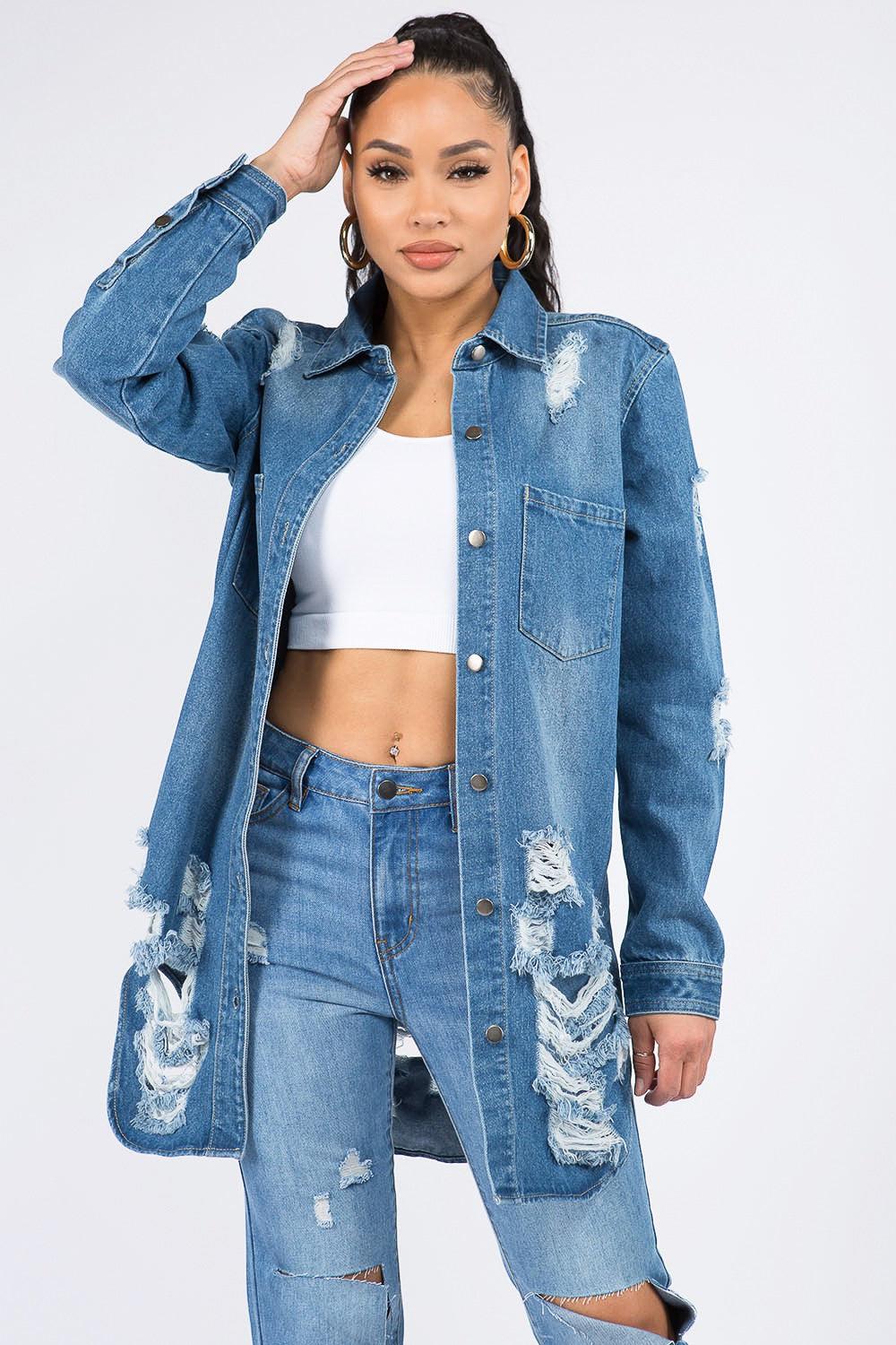 American Bazi Distressed Button Down Denim Shirt Jacket - Babewear