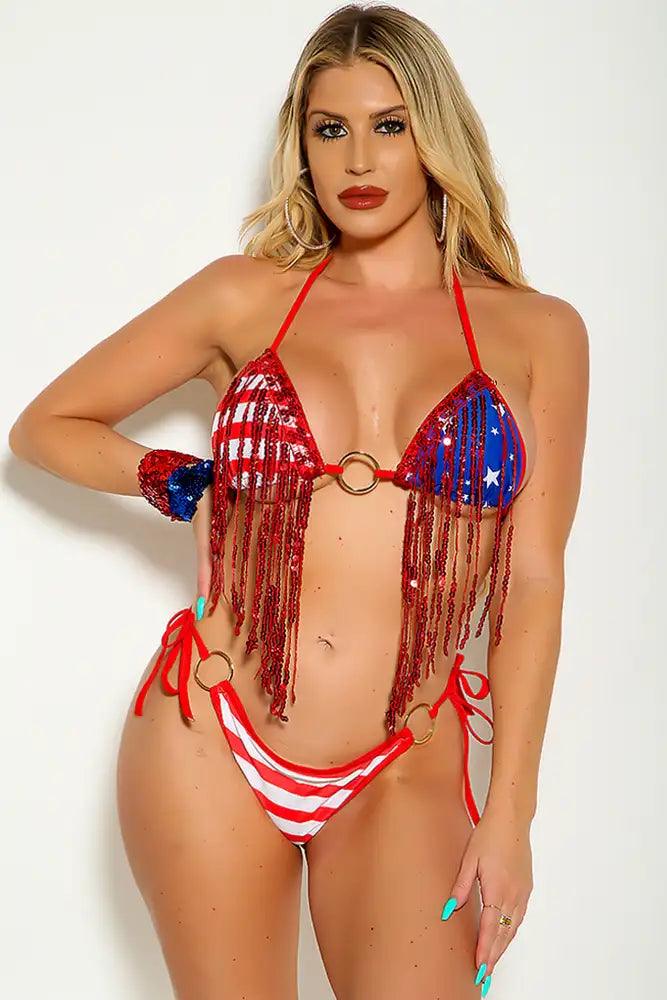 American Flag Print Red Fringe Sequin O-Ring Two Piece Swimsuit - Babewear