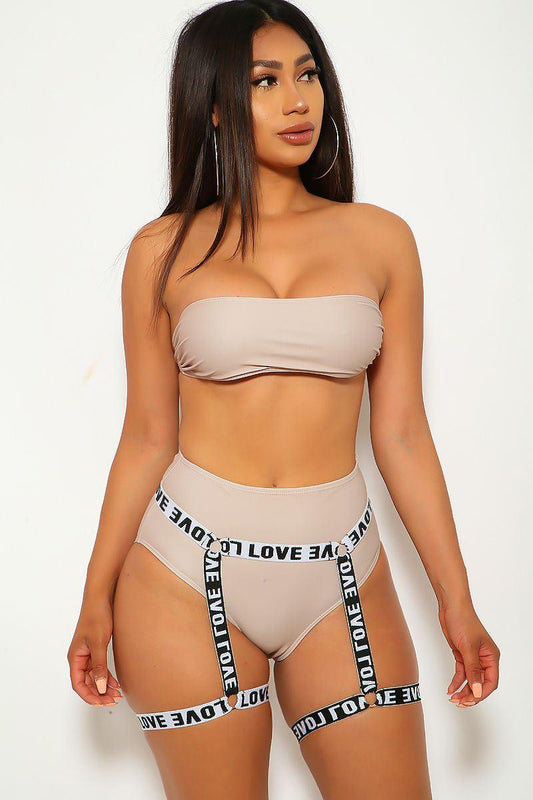 Beige Bandeau Strappy Three Piece Swimsuit - Babewear