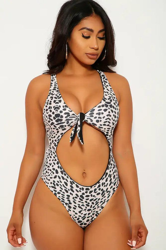 Beige Leopard Print Cut Out One Piece Swimsuit - Babewear