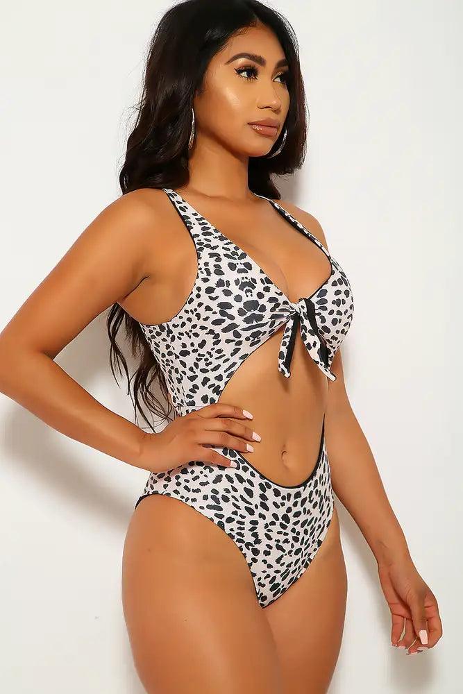 Beige Leopard Print Cut Out One Piece Swimsuit