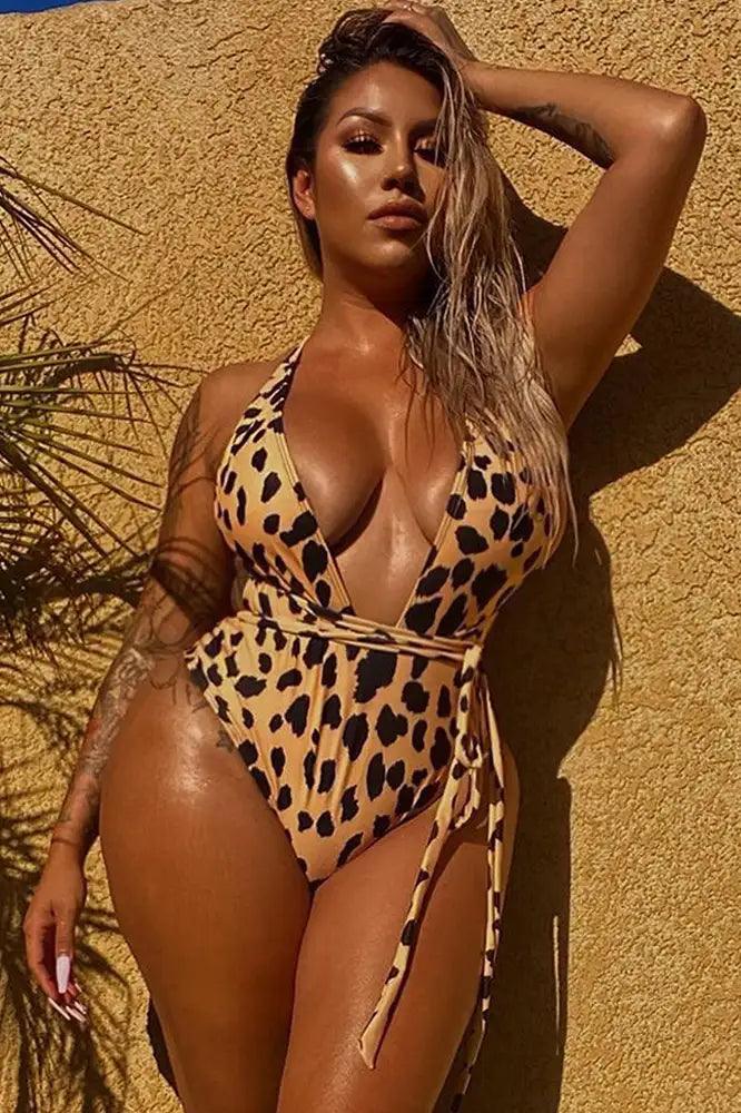 Beige Leopard Print Two Tone Deep V-Cut One Piece Swimsuit