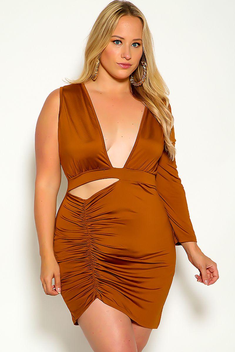 Beige Long Sleeve One Shoulder Cut Out Ruched Plus Size Party Dress