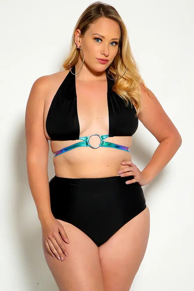 Black Blue Purple Halter O-Ring Strappy Plus Size Two Piece Swimsuit - Babewear