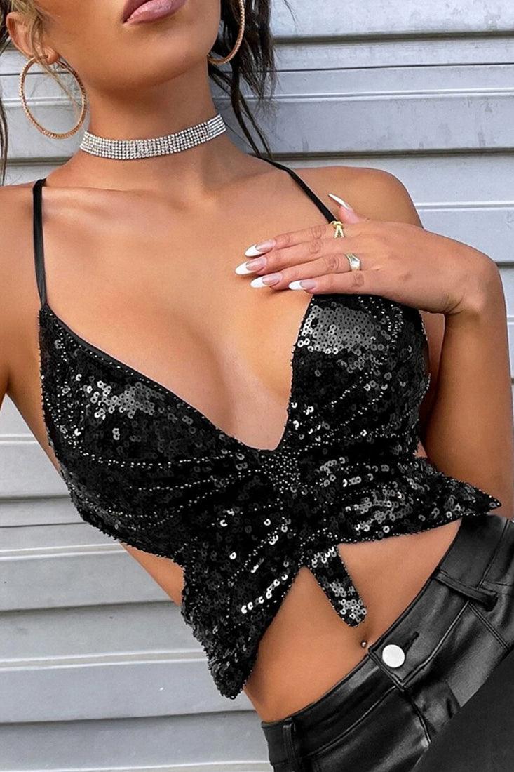 Black Butterfly Sequin Sexy Backless Crop Top