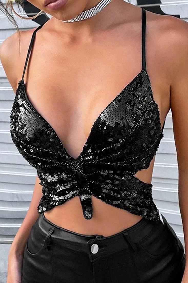 Black Butterfly Sequin Sexy Backless Crop Top