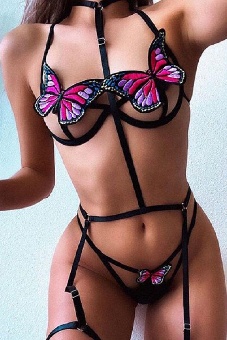 Black Butterfly Strappy Caged Gartered Thong Two Piece Lingerie