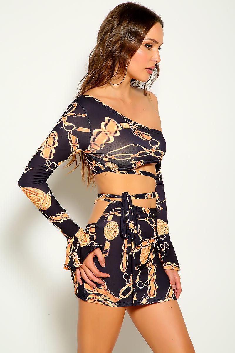 Black Chain Print Long Sleeves Two Piece Sexy Dress