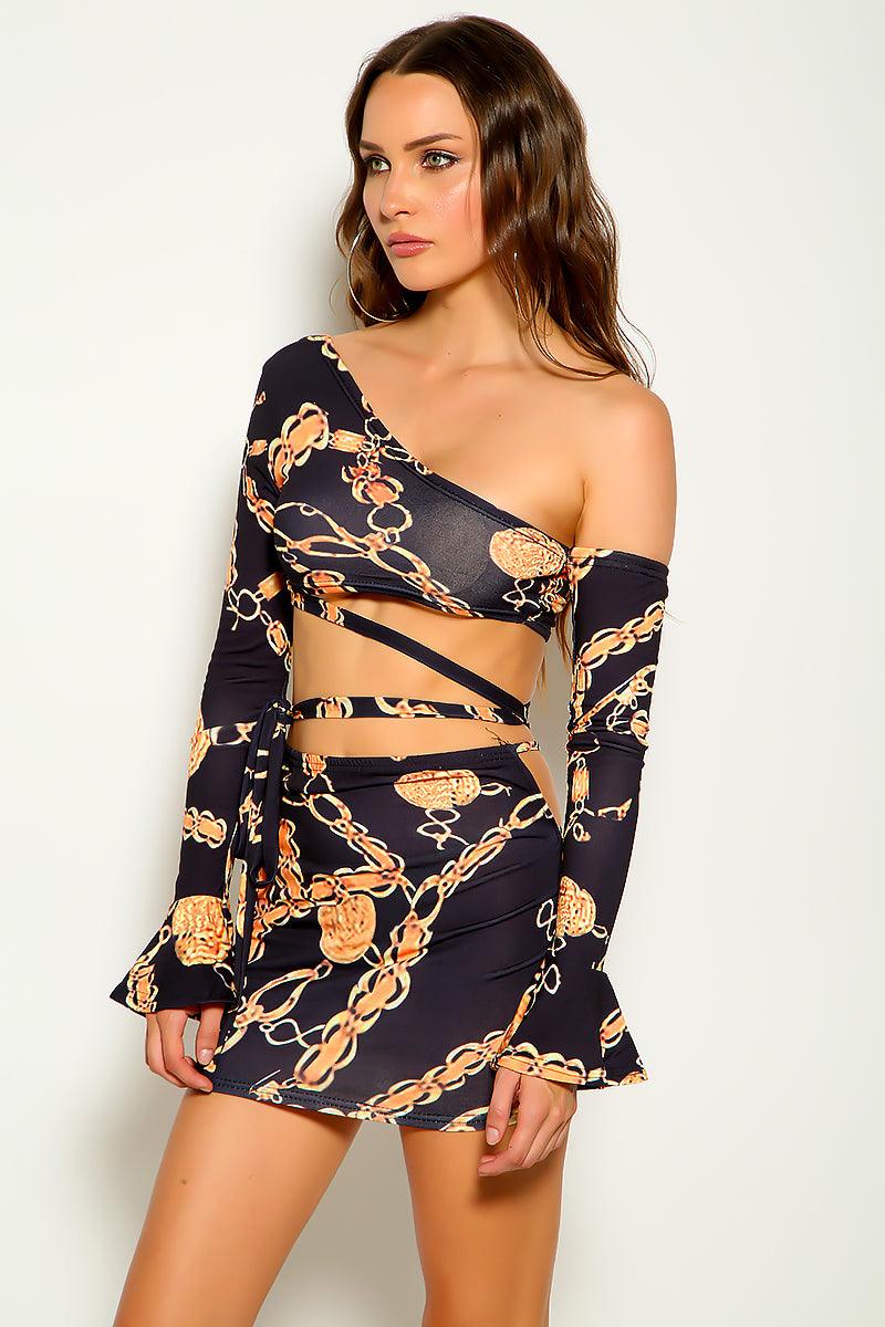 Black Chain Print Long Sleeves Two Piece Sexy Dress