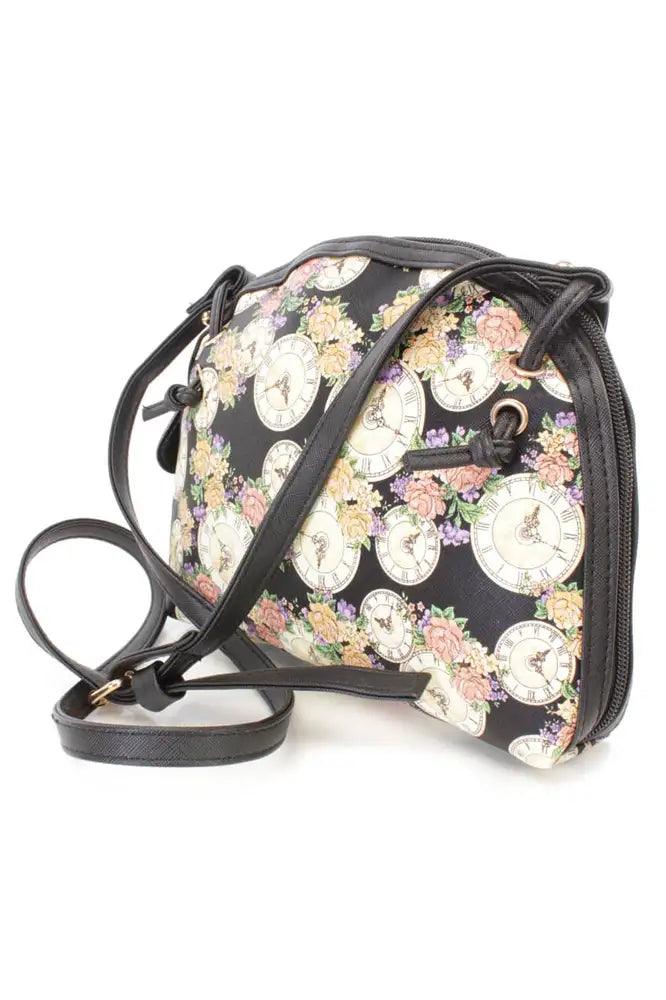 Black Clock Print Mini Faux Leather Handbag