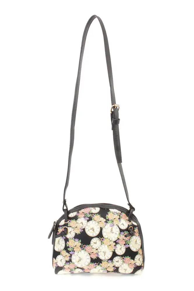 Black Clock Print Mini Faux Leather Handbag