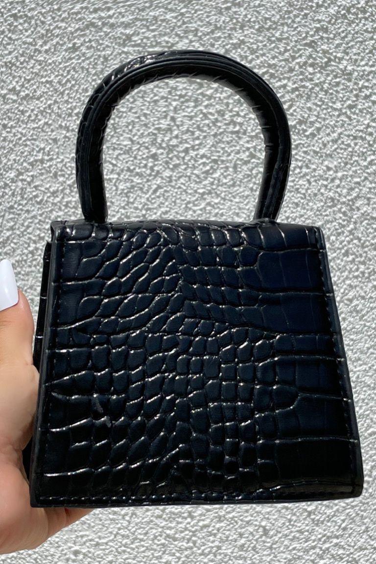 Black Crocodile Embossed Flap Satchel Handbag