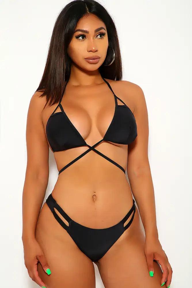 Black Cross Over Tie Sexy Strappy Two Piece Bikini