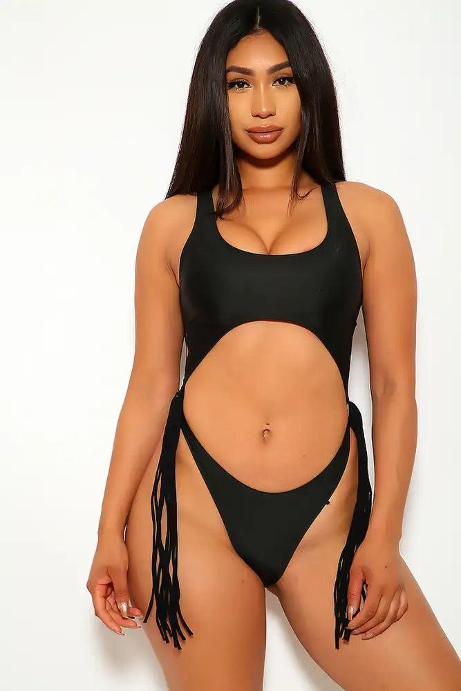 Black Cut Out Fringe Cheeky One Piece Swimsuit - Babewear