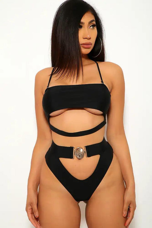 Black Cut Out Padded Two Piece Swimsuit - Babewear