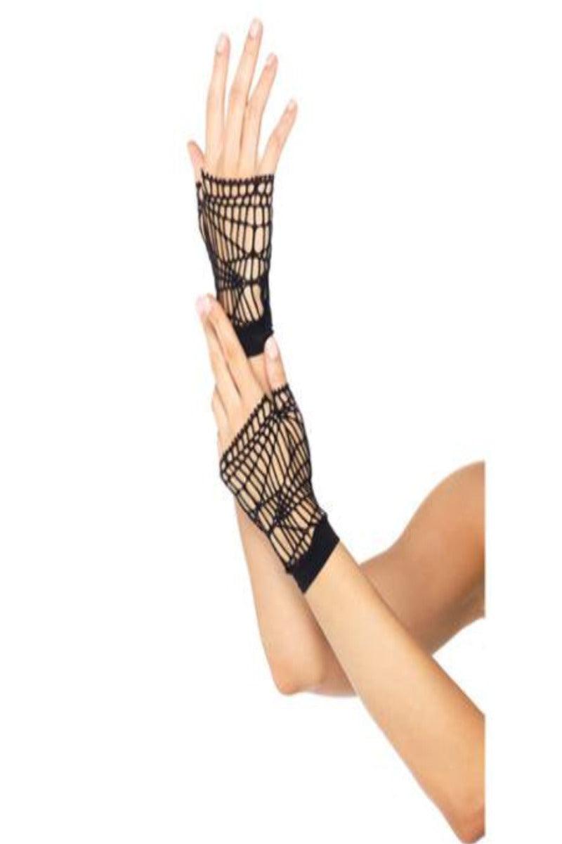 Black Distressed Net Fingerless Costume Gloves