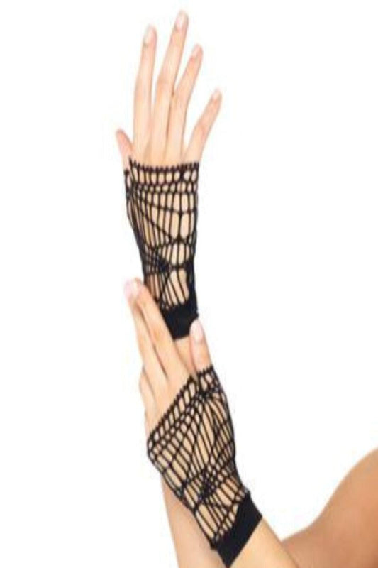 Black Distressed Net Fingerless Costume Gloves