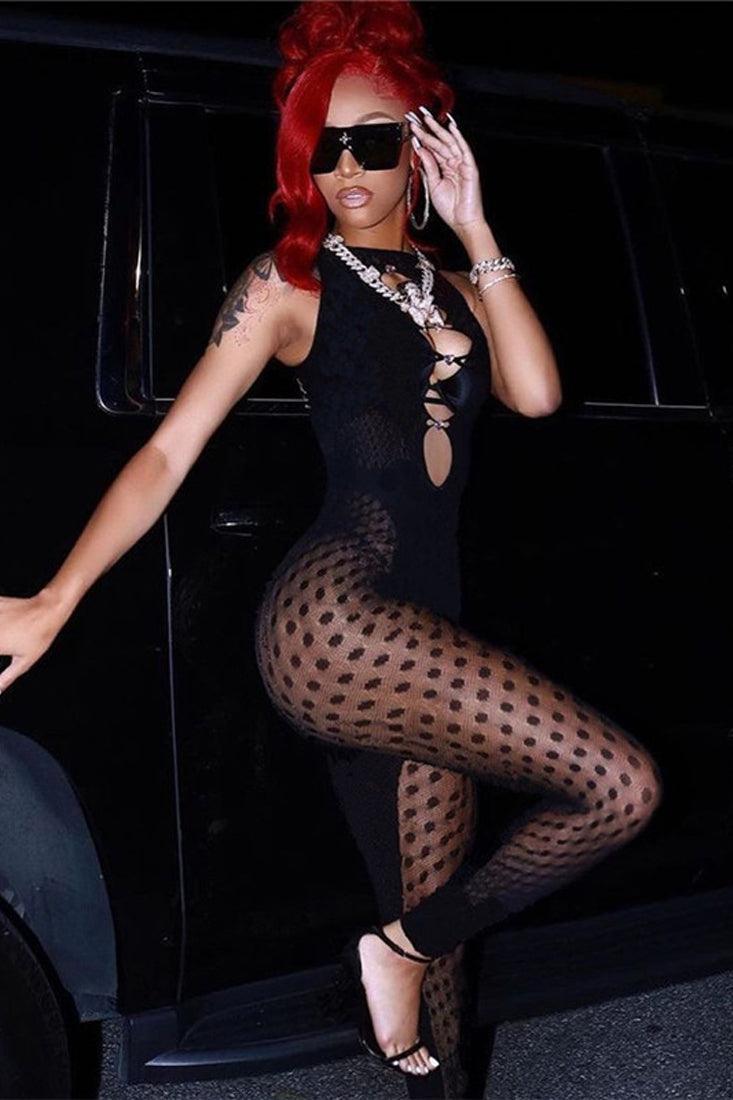 Black Dotted Mesh Cut Out Rhinestone Detail Jumpsuit Catsuit