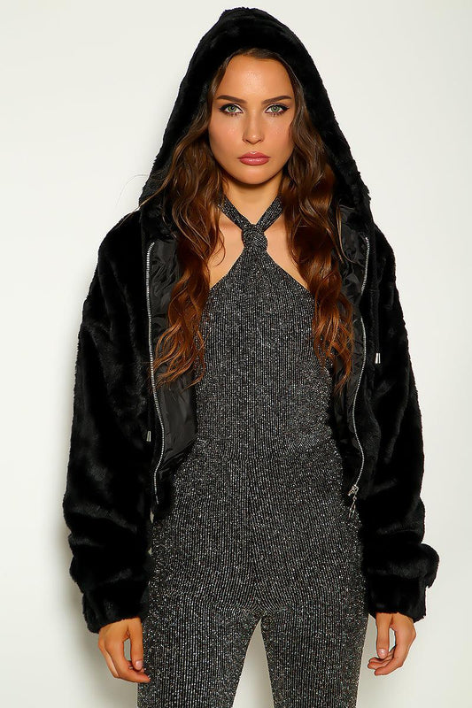 Black Faux Fur Zip Up Fluffy Hoodie Jacket