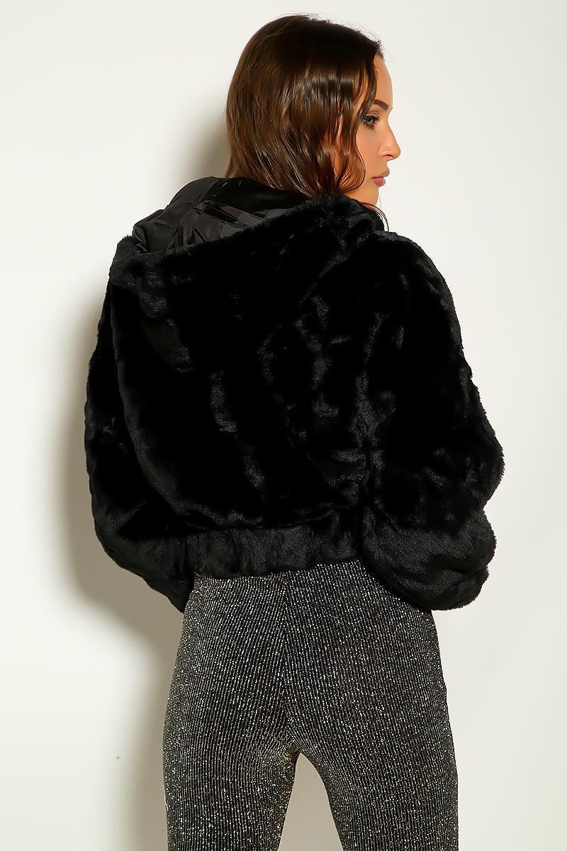 Black Faux Fur Zip Up Fluffy Hoodie Jacket