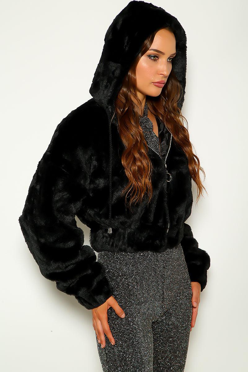 Black Faux Fur Zip Up Fluffy Hoodie Jacket