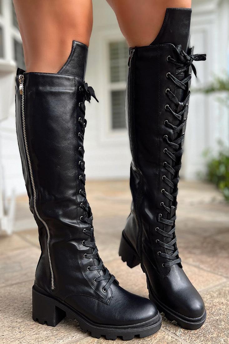 Black Faux Leather Knee High Riding Boots