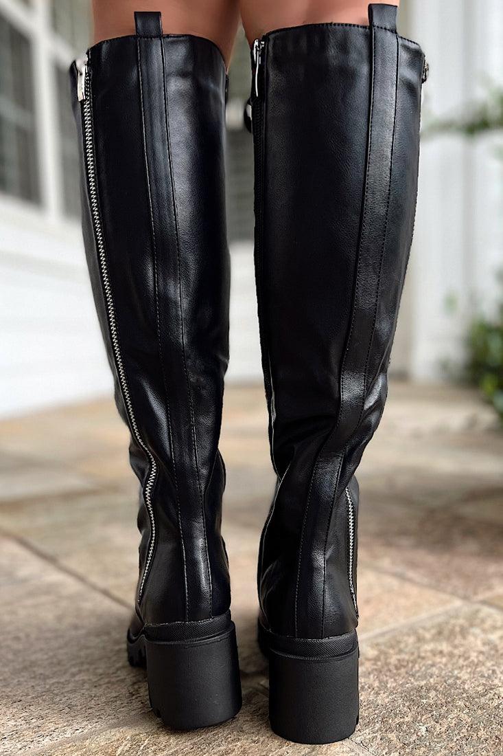 Black Faux Leather Knee High Riding Boots