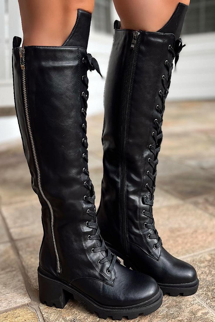 Black Faux Leather Knee High Riding Boots