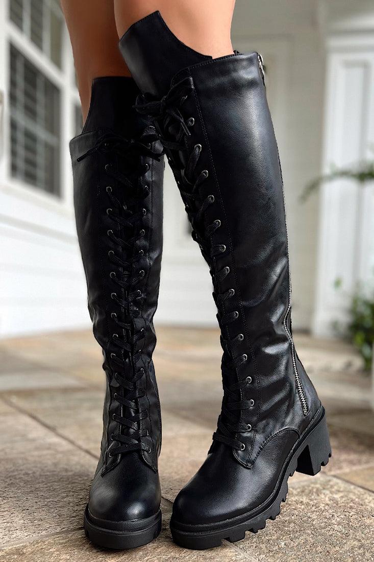 Black Faux Leather Knee High Riding Boots