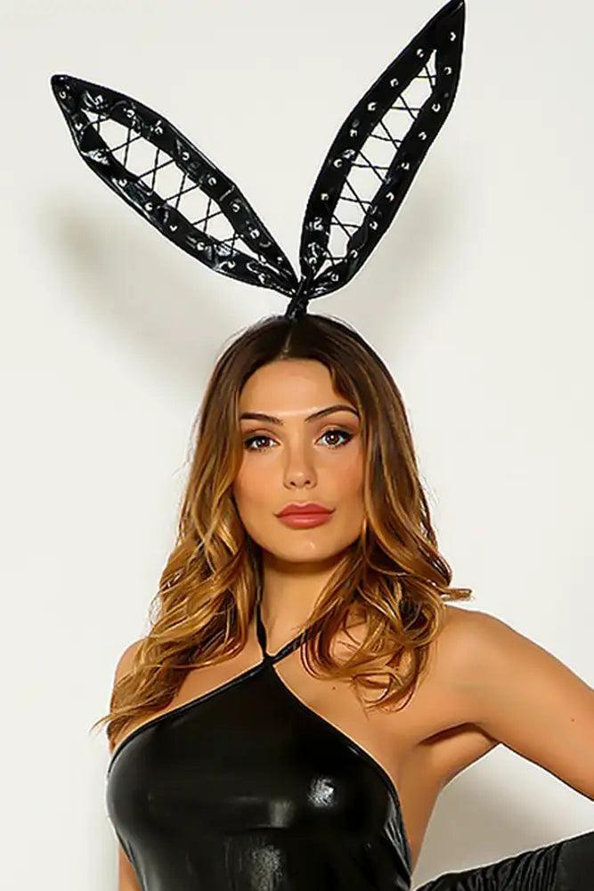 Black Faux Leather Laceup Bunny Ear Headband Costume Accessory - Babewear