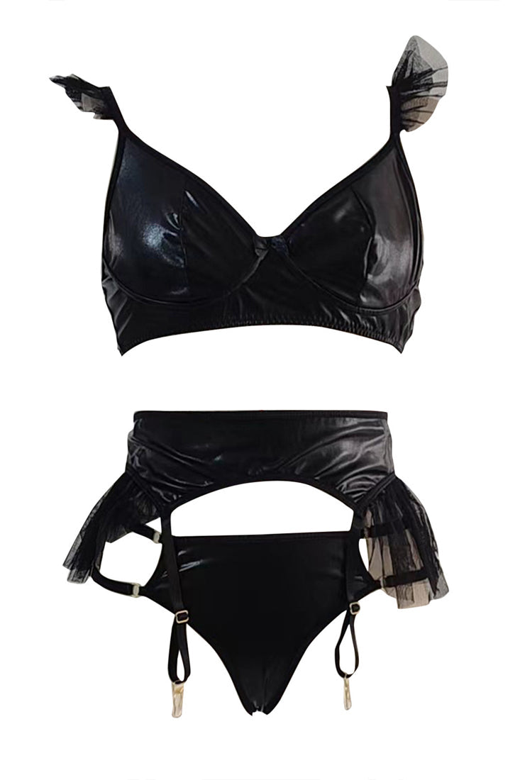 Black Faux Leather Ruffle Tulle 3pc Thong Lingerie Set