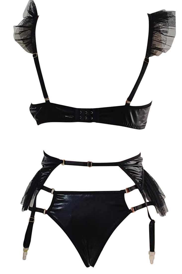 Black Faux Leather Ruffle Tulle 3pc Thong Lingerie Set