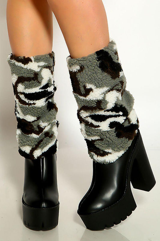 Black Faux Leather Slouchy Fleece Fur Platform Boots