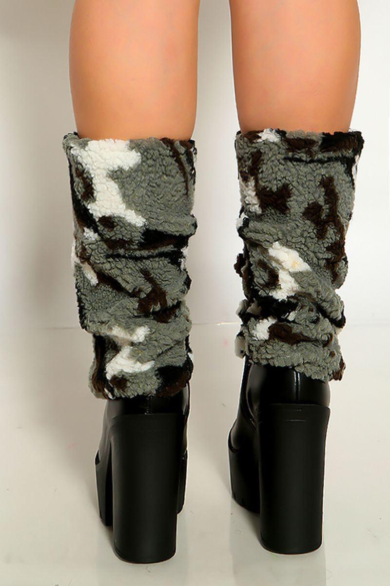 Black Faux Leather Slouchy Fleece Fur Platform Boots